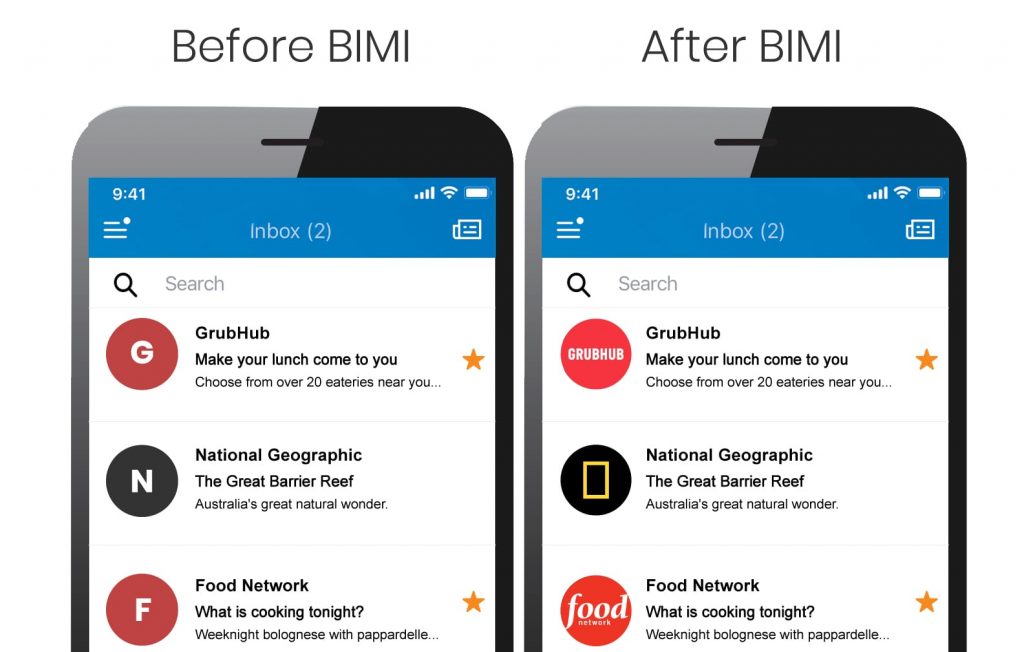 BIMI before and after displayed on a mobile phone screen.