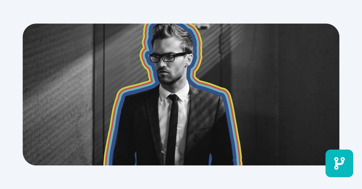 an executive in a suit represented in black and white, outlined in brand colors