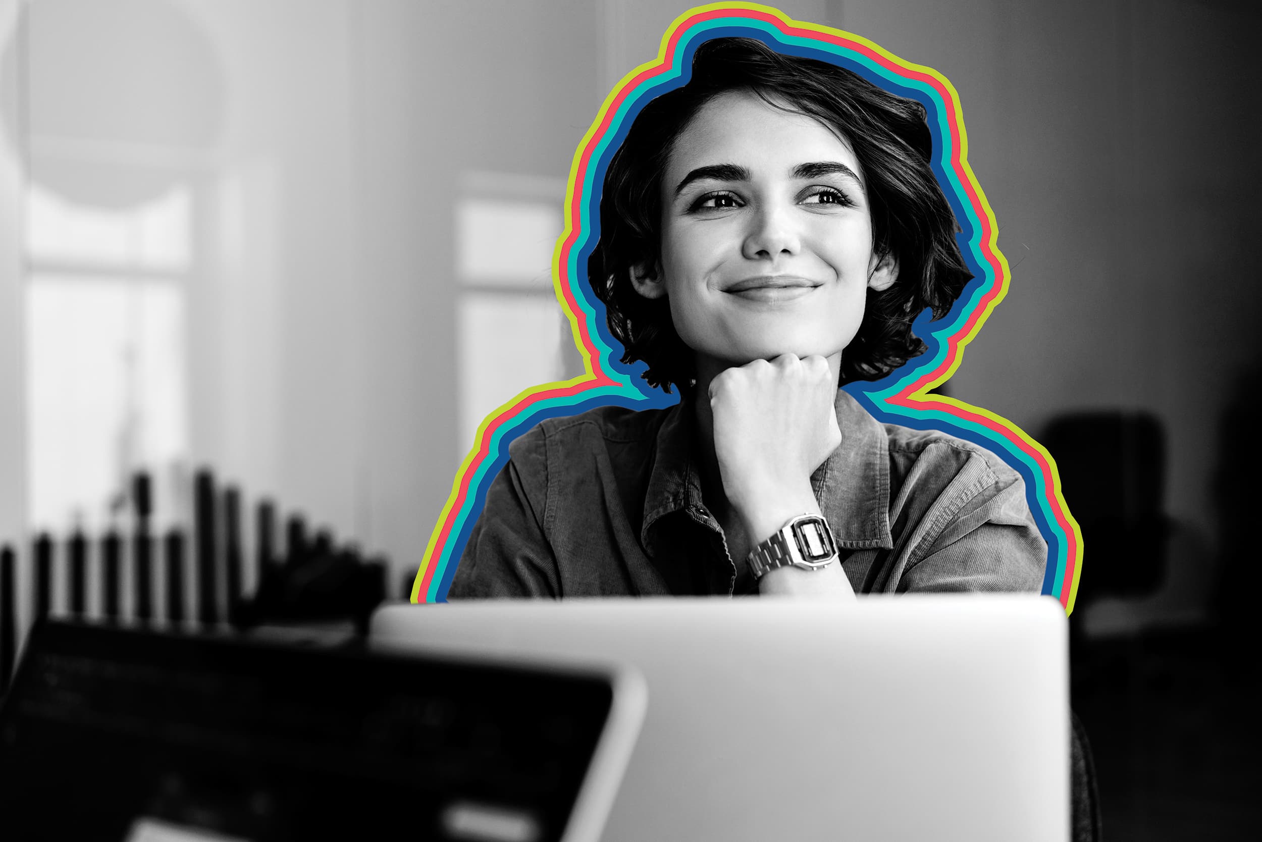 Smiling woman contemplating a link earning strategy.