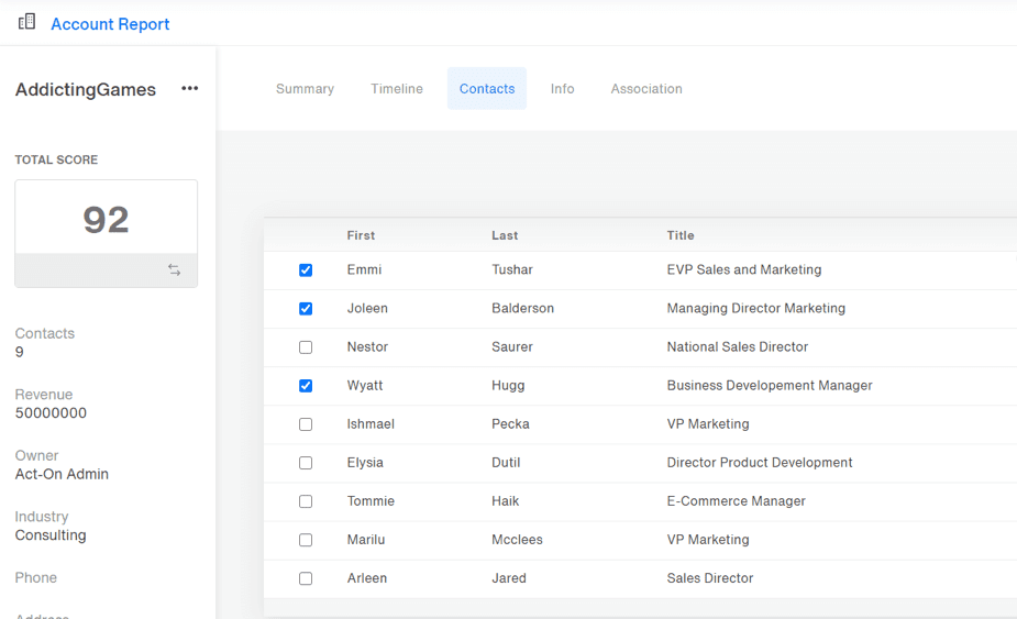 A screenshot shows an Account Report view, a list of names and titles in the center with business info in the sidebar.