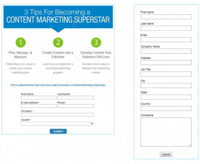 Side-by-side comparison of forms for lead generation. The form on the left is simple and inviting, while the form on the right looks complicated.