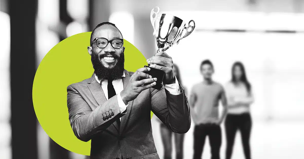 Man celebrating his effective MarTech strategy.