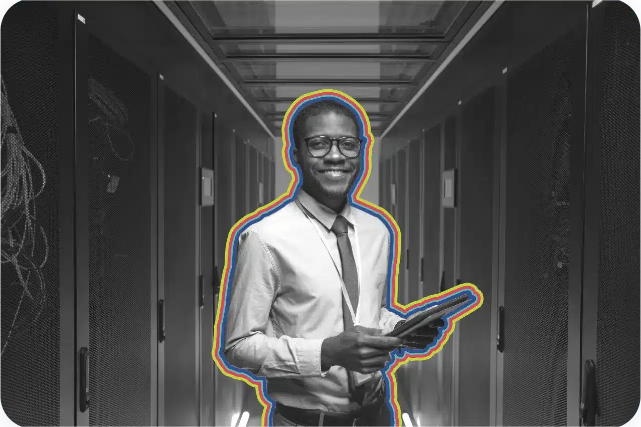 Solutions tech holding a tablet.