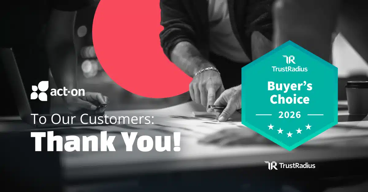 a montage graphic shows act-on trustradius buyer's choice award seal over an office collaboration scene