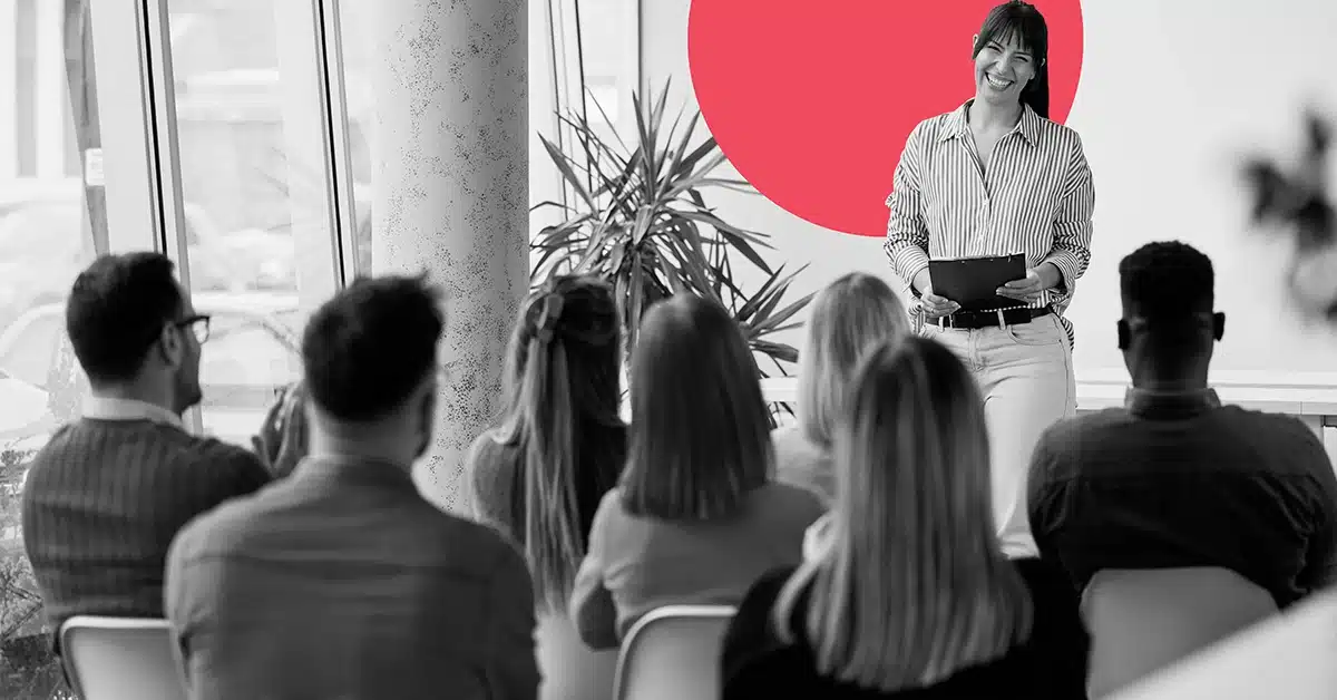 Woman discussing account-based marketing with colleagues.