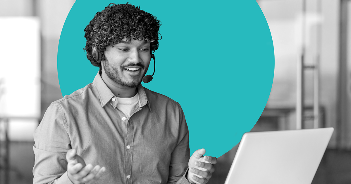 A business development representative (BDR) talking on the phone with a prospect.