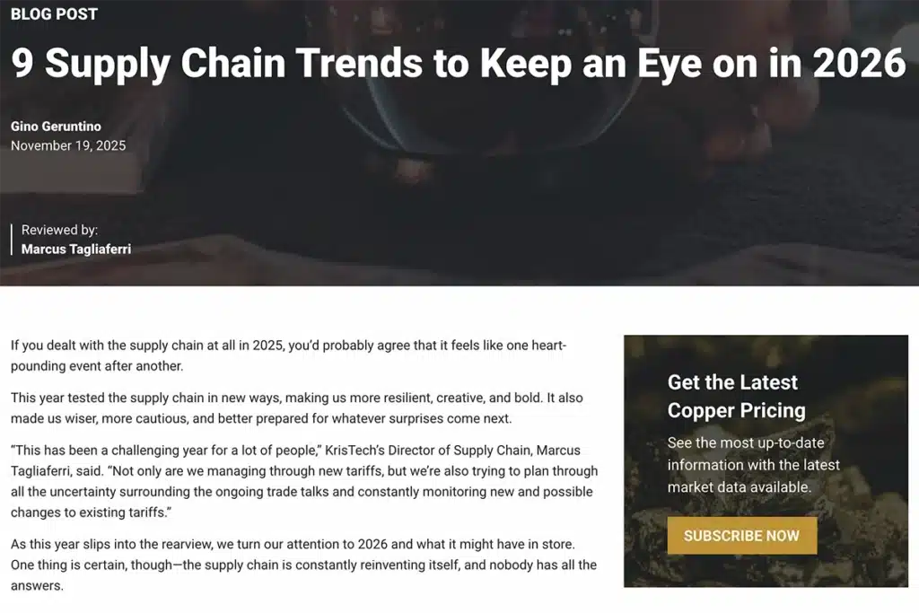 Screenshot of a manufacturing marketing example from KrisTech showcasing their blog content.