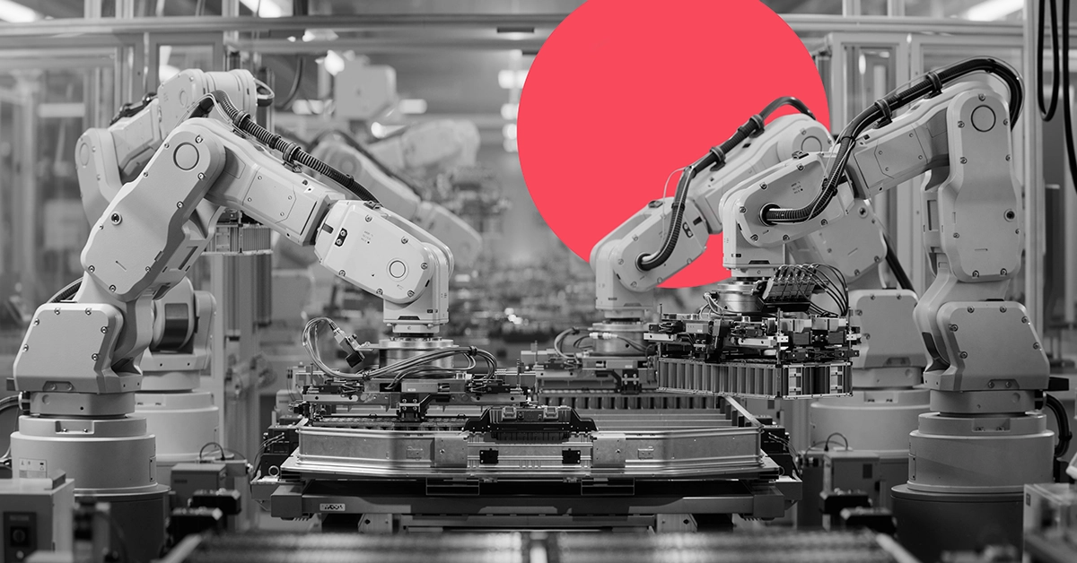 Effective digital marketing for manufacturers illustrated by an automated assembly line.