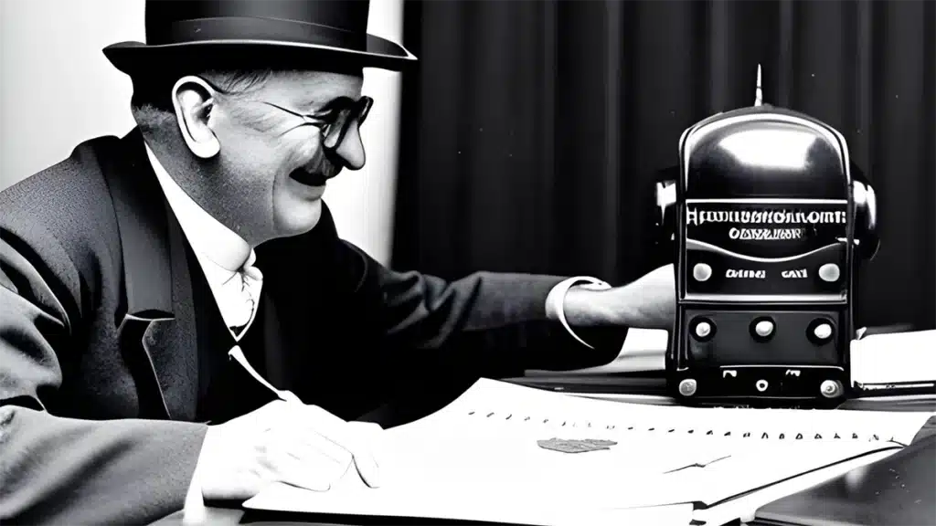 A black and white image shows an old-fashioned, 19th century reporter interviewing a robotic subject.